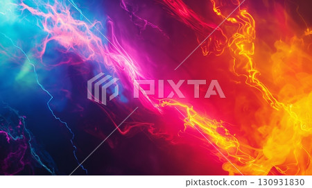 Abstract digital art electric blue pink yellow lightning-like streaks dark background 130931830