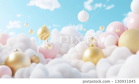 Pastel gold Christmas background ornaments floating fluffy white clouds sky Pastel gold Christmas background ornaments floating fluffy white clouds sky 130931845