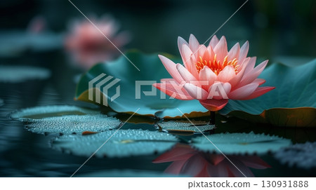 Pink lotus flower blooms above the water, surrounded by large green lily pads with dew drops 130931888