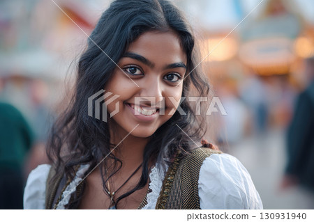 Portrait of a smiling young Indian woman at a German street festival wearing traditional Bavarian clothing. 130931940