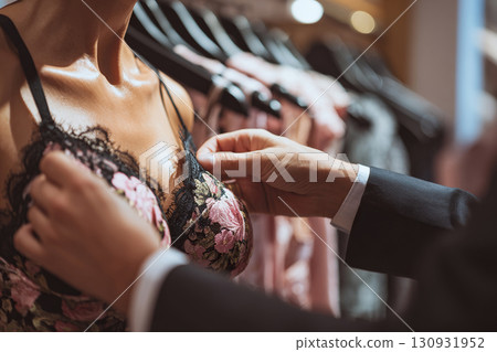 A man chooses women's underwear in a lingerie store. Male hands touch a bra on a mannequin. Gifts for Valentine's Day. 130931952