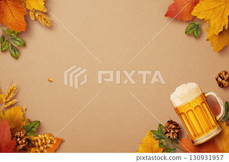 Background with autumn leaves, hops, and a mug of beer. Oktoberfest. Postcard, banner. 130931957