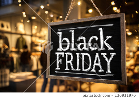 A wooden frame with the words Black Friday hangs on a glass door in a store in a shopping mall. 130931970