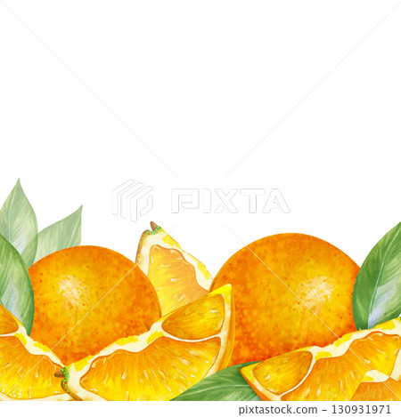 Watercolor fruit border. A hand-drawn illustration of whole oranges and slices and leaves isolated on a white background. A botanical frame with juicy seasonal fruits. 130931971
