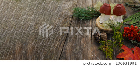 Recycled and natural materials used in a fall craft, creating a mushroom figure. 130931991