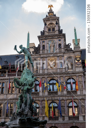 Brabo Fountain sculpture in front of the City Hall in the Grote Markt main square of Antwerp, Belgium Brabo Fountain sculpture in front of the City Hall in the Grote Markt main square of Antwerp, Belgium 130932106