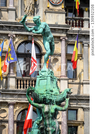 Brabo Fountain sculpture in front of the City Hall in the Grote Markt main square of Antwerp, Belgium Brabo Fountain sculpture in front of the City Hall in the Grote Markt main square of Antwerp, Belgium 130932108