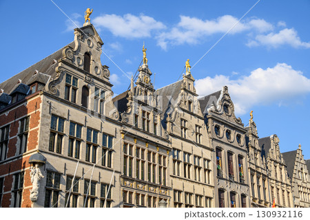 Ornate facades of old historic Guildhouses in the Grote Markt main square of Antwerp, Belgium 130932116