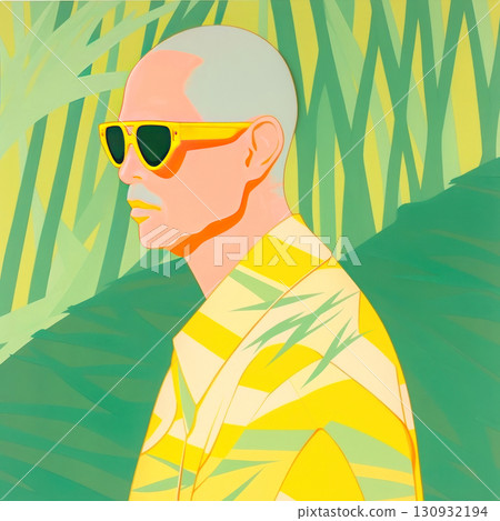 Vibrant digital art of a person wearing yellow sunglasses and a patterned shirt 130932194