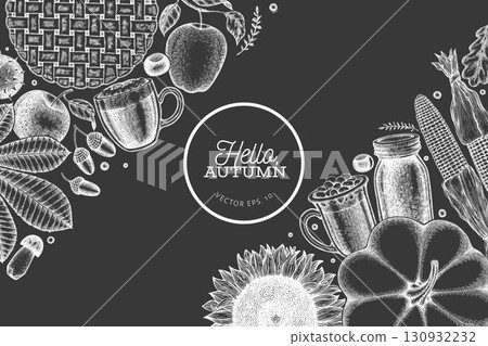 Hand Drawn Vector Autumn Illustration. Not AI Generated. Thanksgiving Chalk Board Background. Fall Season Cozy Mood Banner. Vintage Design Template. Hand Drawn Vector Autumn Illustration. Not AI Generated. Thanksgiving Chalk Board Background. Fall Season Cozy Mood Banner. Vintage Design Template. 130932232