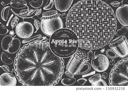 Hand Drawn Vector Apple Pie Illustration. Not AI Generated. Autumn Seasonal Chalk Board Background. Fall Season Cozy Mood Banner. Vintage Harvest Design Template. 130932238