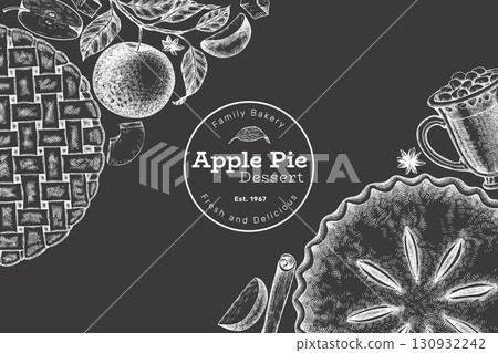 Hand Drawn Vector Apple Pie Illustration. Not AI Generated. Autumn Seasonal Chalk Board Background. Fall Season Cozy Mood Banner. Vintage Harvest Design Template. 130932242