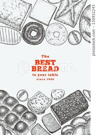 Hand Drawn Vector Bakery Illustration. Not AI Generated. Retro Bread Kinds Design Template. Old School Baking Products 130932245