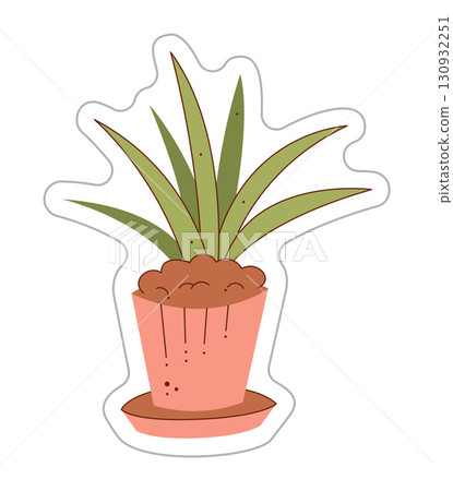 Sticker with a plant in a pot. Color hand drawn clipart illustration. Sticker with a plant in a pot. Color hand drawn clipart illustration. 130932251