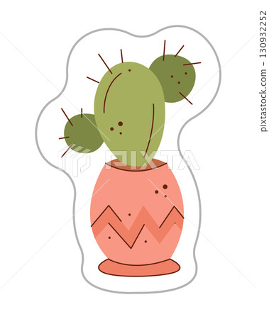 Sticker with a cactus in a pot. Color hand drawn clipart illustration. Sticker with a cactus in a pot. Color hand drawn clipart illustration. 130932252