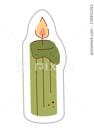 A sticker depicting green candle. Color hand drawn clipart illustration. 130932262