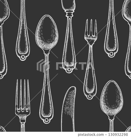Vintage Hand Drawn Vector Seamless Pattern of Cutlery. Not AI Generated. Retro Chalk Board Fork Spoon Knife Engraved Kitchen Utensils Old Style Illustration 130932298