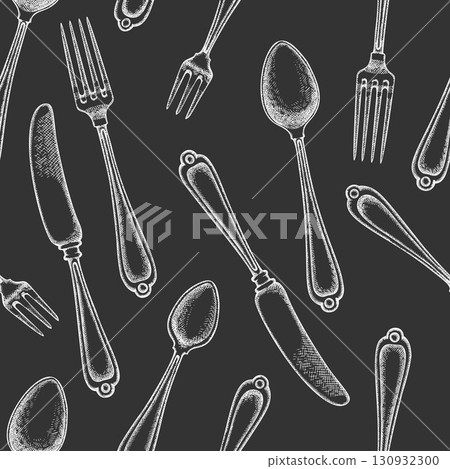 Vintage Hand Drawn Vector Seamless Pattern of Cutlery. Not AI Generated. Retro Chalk Board Fork Spoon Knife Engraved Kitchen Utensils Old Style Illustration Vintage Hand Drawn Vector Seamless Pattern of Cutlery. Not AI Generated. Retro Chalk Board Fork Spoon Knife Engraved Kitchen Utensils Old Style Illustration 130932300