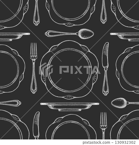 Vintage Hand Drawn Vector Seamless Pattern of Cutlery. Not AI Generated. Fork Spoon Knife Plate Kitchen Utensils Old Style Chalk Board Illustration Vintage Hand Drawn Vector Seamless Pattern of Cutlery. Not AI Generated. Fork Spoon Knife Plate Kitchen Utensils Old Style Chalk Board Illustration 130932302
