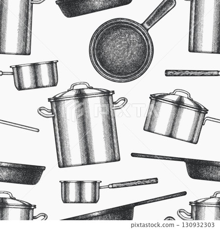 Hand Drawn Vintage Vector Seamless Pattern of Kitchen Cookware. Not AI Generated. Frying Pan, Skillet, Pot, Saucepan Old Style Illustration 130932303