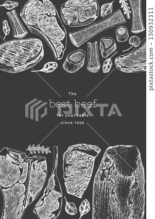 Butchery Shop Chalk Board Design Template. Vector Hand Drawn Meat Banner. Vintage Style Bar B Q Menu Illustration. Butchery Shop Chalk Board Design Template. Vector Hand Drawn Meat Banner. Vintage Style Bar B Q Menu Illustration. 130932311