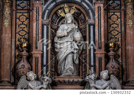 Interior religious details in the Seville Cathedral of Saint Mary of the See in Seville, Andalusia, Spain 130932332