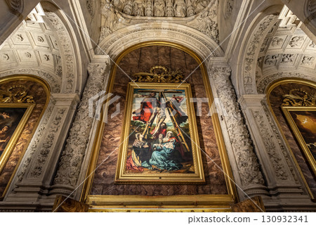 Interior religious details in the Seville Cathedral of Saint Mary of the See in Seville, Andalusia, Spain 130932341