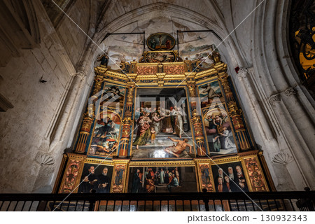 Interior religious details in the Seville Cathedral of Saint Mary of the See in Seville, Andalusia, Spain Interior religious details in the Seville Cathedral of Saint Mary of the See in Seville, Andalusia, Spain 130932343