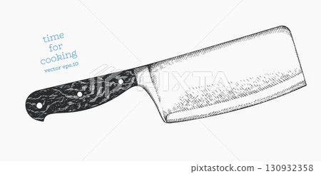 Hand Drawn Vintage Vector Illustration of Butcher Cleaver Knife Kitchen Utensil Not AI Generated 130932358