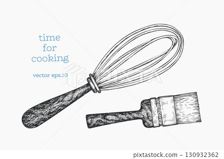 Hand Drawn Vintage Vector Illustration of Kitchen Whisk and Pastry Brush Utensils Not AI Generated 130932362