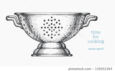 Hand Drawn Vintage Vector Illustration of Kitchen Colander Cooking Utensil Not AI Generated 130932363
