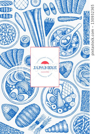 Japanese Cuisine Vector Design Template. Asian Dishes Hand Drawn Background. Retro Japan Traditional Food Illustration. Japanese Cuisine Vector Design Template. Asian Dishes Hand Drawn Background. Retro Japan Traditional Food Illustration. 130932365