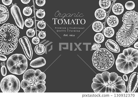 Hand Drawn Chalk Board Tomato Illustration. Retro Vegetable Vector Design Template. Old School Farm Food. Hand Drawn Chalk Board Tomato Illustration. Retro Vegetable Vector Design Template. Old School Farm Food. 130932370
