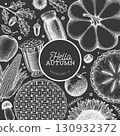 Hand Drawn Vector Autumn Illustration. Not AI Generated. Thanksgiving Chalk Board Background. Fall Season Cozy Mood Banner. Vintage Design Template. 130932372