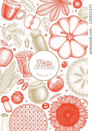 Hand Drawn Vector Autumn Illustration. Not AI Generated. Thanksgiving Background. Fall Season Cozy Mood Banner. Vintage Design Template. 130932373
