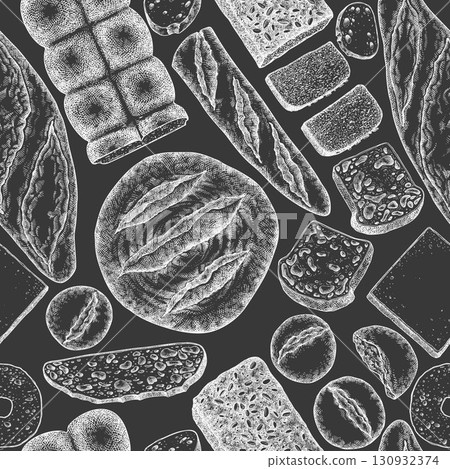 Hand Drawn Vector Bakery Seamless Pattern. Not AI Generated. Retro Chalk Board Bread Kinds Background. Old School Baking Products Illustration 130932374