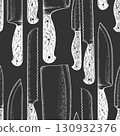 Hand Drawn Vintage Vector Seamless Pattern of Knifes. Not AI Generated. Kitchen Utensil Old Style Chalk Board Illustration 130932376