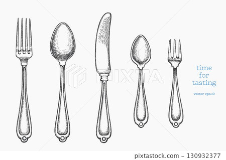 Vintage Hand Drawn Vector Illustration of Cutlery Not AI Generated Retro Fork  Spoon Knife Engraved Kitchen Utensils 130932377