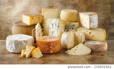 Group of various cheeses including gruyere, provolone, parmigiano-reggiano, cheddar, and more 130932402