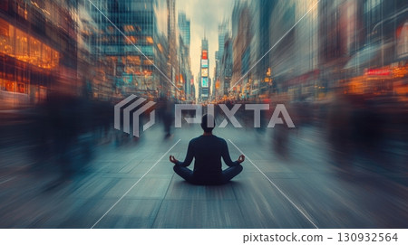 Busy city street with a single person meditating 130932564