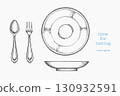 Vintage Hand Drawn Vector Illustration of Cutlery Fork Spoon Plate Tableware Not AI Generated. Retro Engraved Utensils 130932591