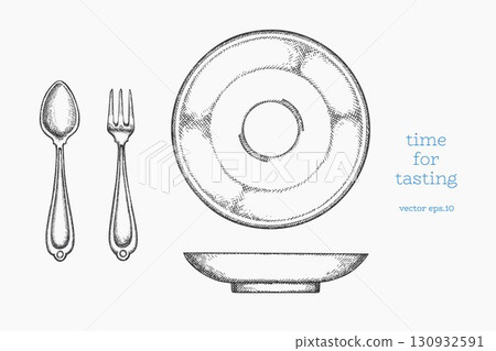 Vintage Hand Drawn Vector Illustration of Cutlery Fork Spoon Plate Tableware Not AI Generated. Retro Engraved Utensils 130932591