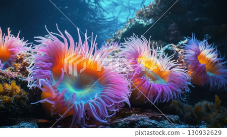 Colorful Sea Anemones On The Ocean Floor 130932629