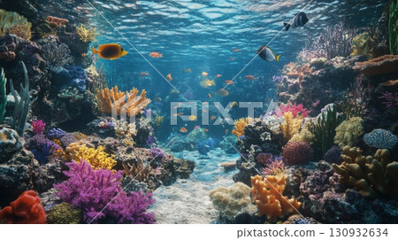 Vibrant Coral Reef Teeming With Colorful Tropical Fish Vibrant Coral Reef Teeming With Colorful Tropical Fish 130932634