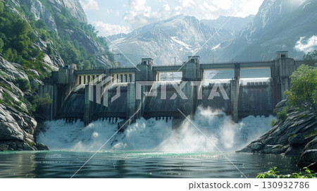 Hydroelectric Power Plant. Water flows powerfully through the dam's spillways Hydroelectric Power Plant. Water flows powerfully through the dam's spillways 130932786