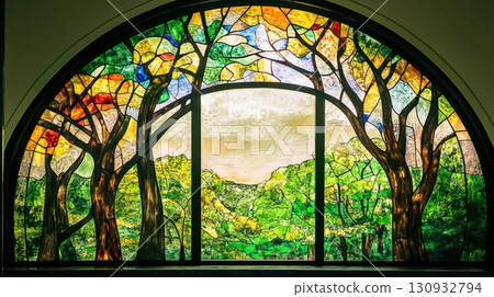 Intricate Stained Glass Window Depicting A Landscape 130932794