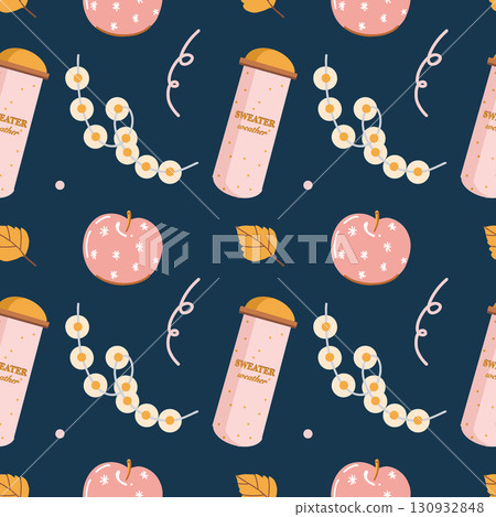Seamless vector pattern with autumn leaves, a garland, an apple, and a thermos in delicate pink and beige tones on a dark blue background. Suitable for fabric and fall decor. Suitable for girls and 130932848