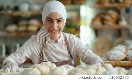 Muslim Woman Baker Proudly Showing How She Is Kneading dough 130932893