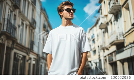 Model is wearing blank T-Shirt. Mockup For Your Design 130932926