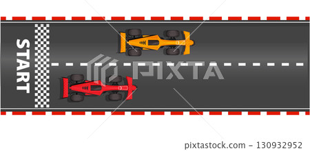 Race road Start and finish top view asphalt track with racing cars, sport speedway racetrack, competition roadway. border red and white. Race road Start and finish top view asphalt track with racing cars, sport speedway racetrack, competition roadway. border red and white. 130932952
